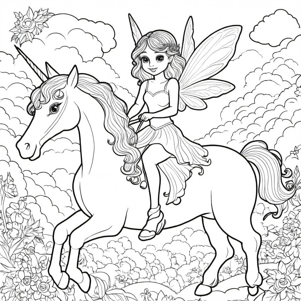 Fata e unicorno da colorare
