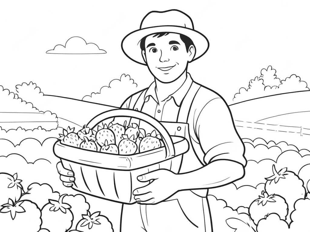 Contadino che raccoglie fragole da colorare