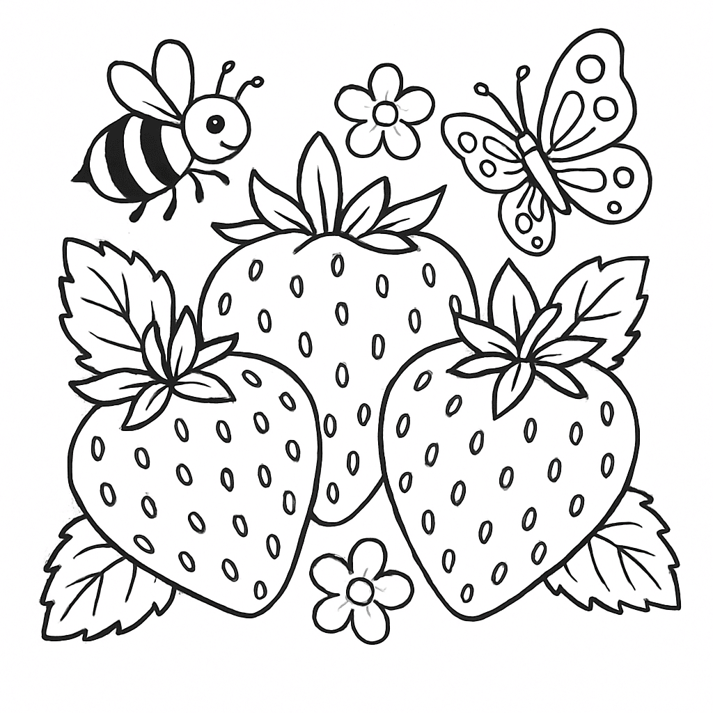 Fragole con api e farfalle da colorare