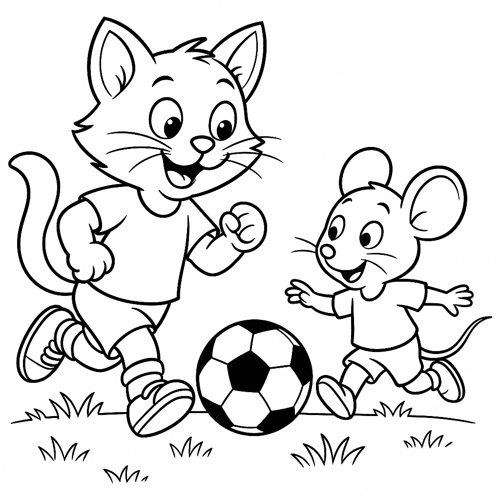 Gatto che gioca a calcio con topo da colorare