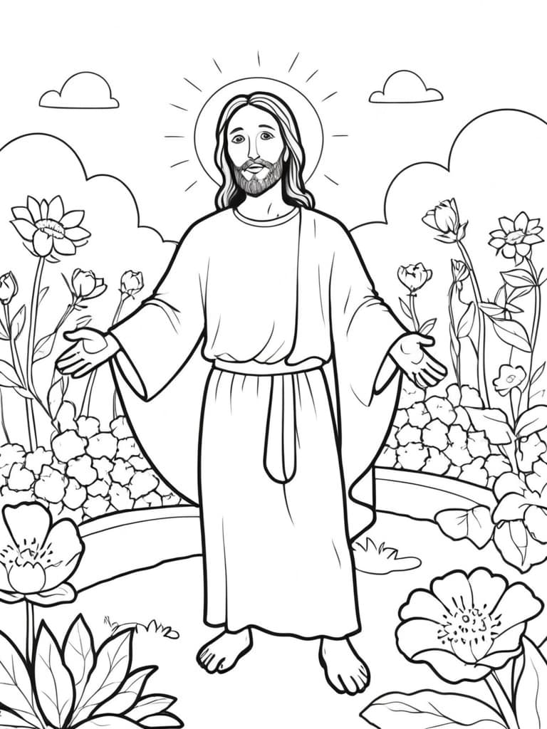 Gesu nel giardino fiorito da colorare