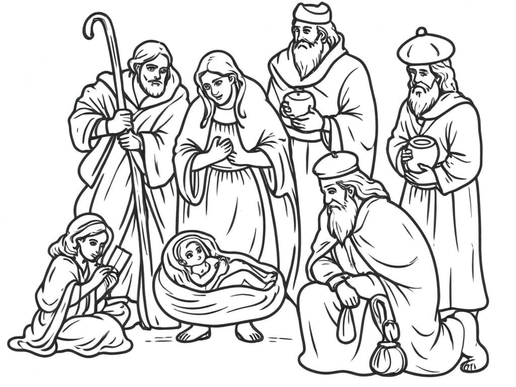 Nascita di Gesu e i tre Re Magi da colorare