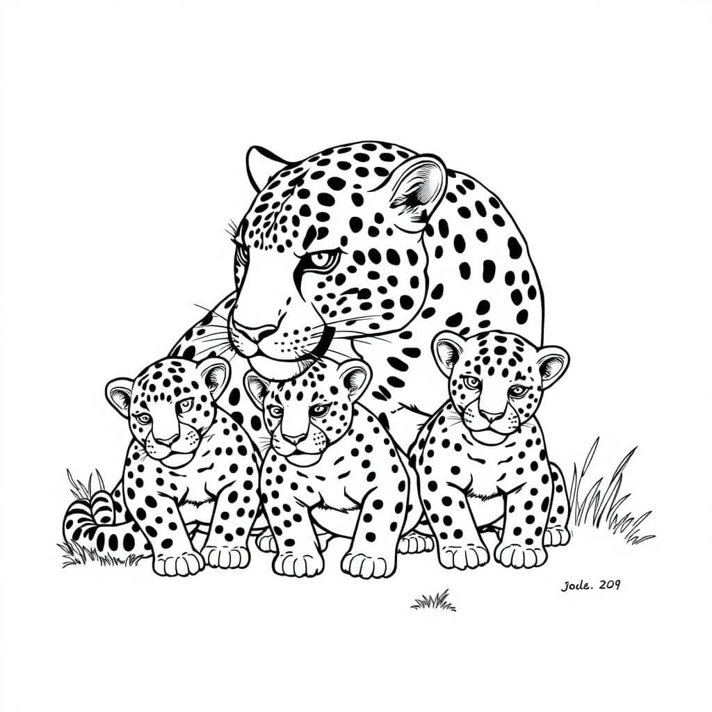 Mamma giaguaro con cuccioli da colorare