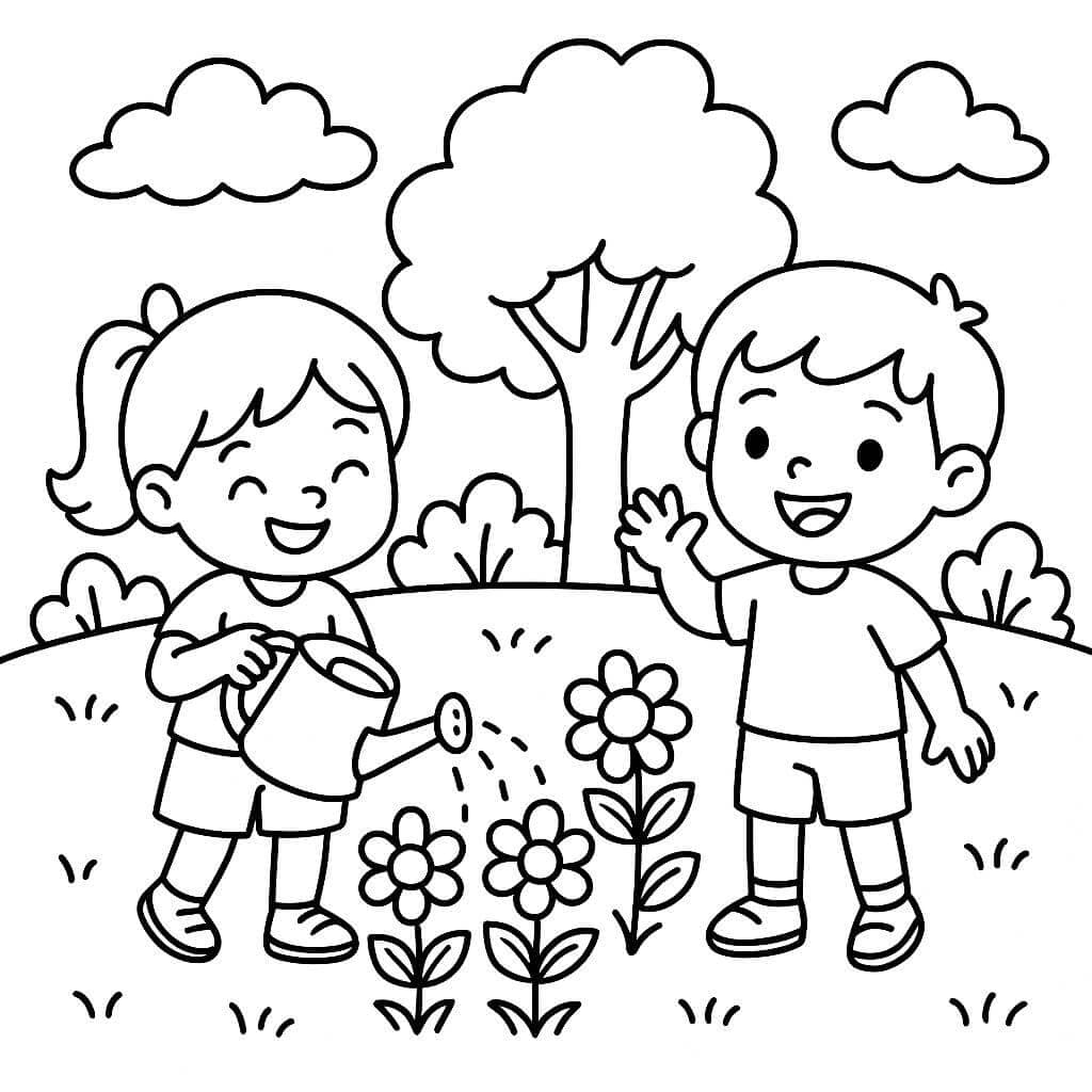 Bambini che annaffiano il giardino da colorare