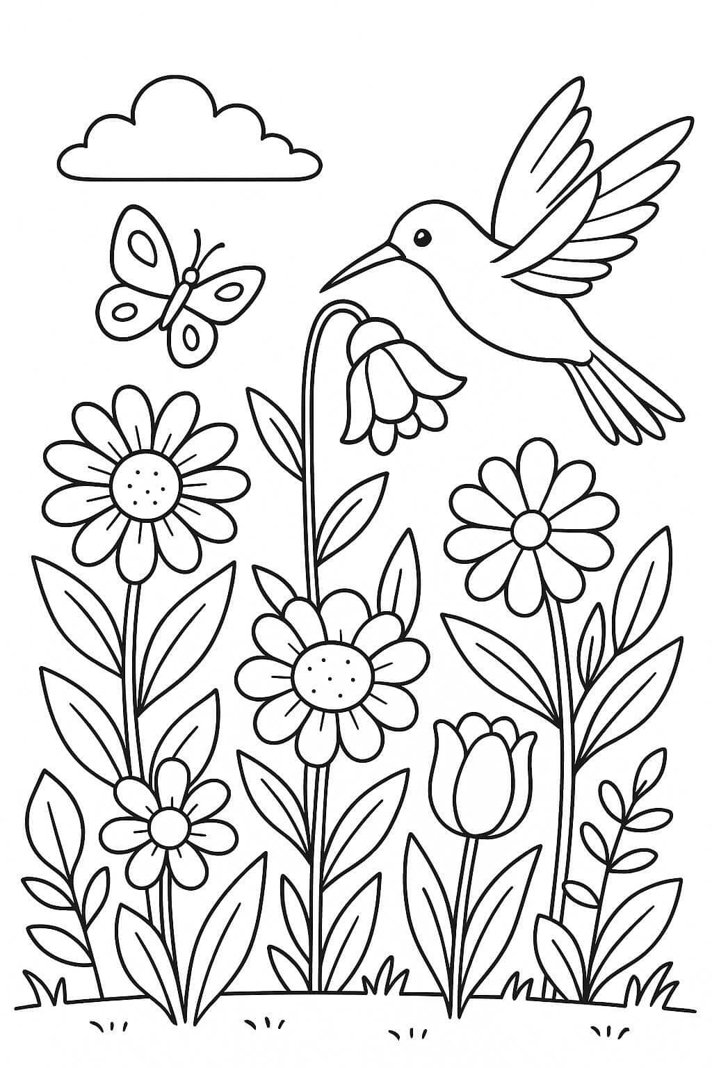 Giardino con colibri e farfalla da colorare