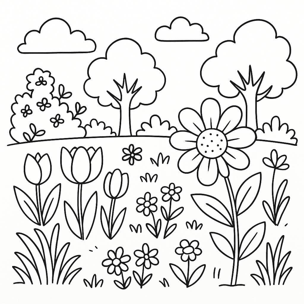 Giardino con fiori e alberi da colorare