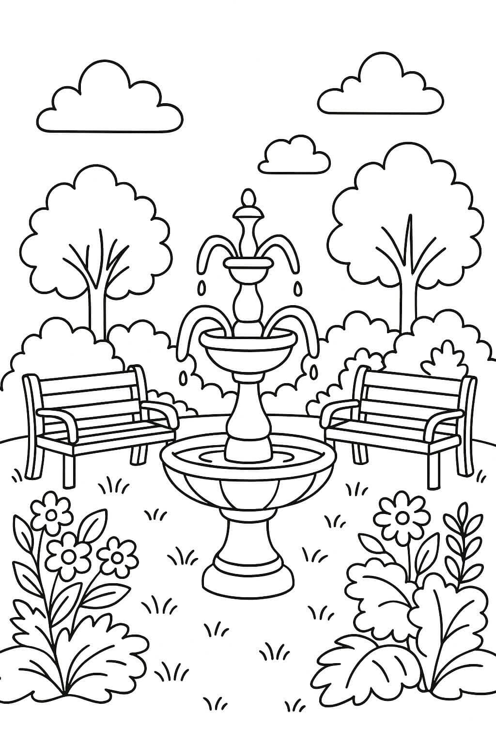 Giardino con fontana e panchine da colorare