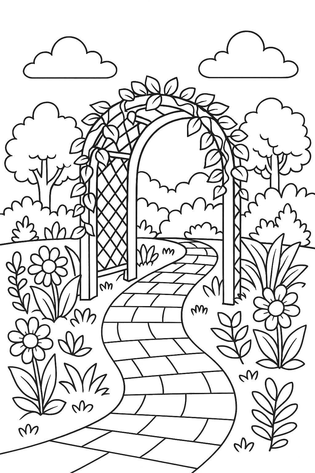Giardino con percorso ad arco da colorare