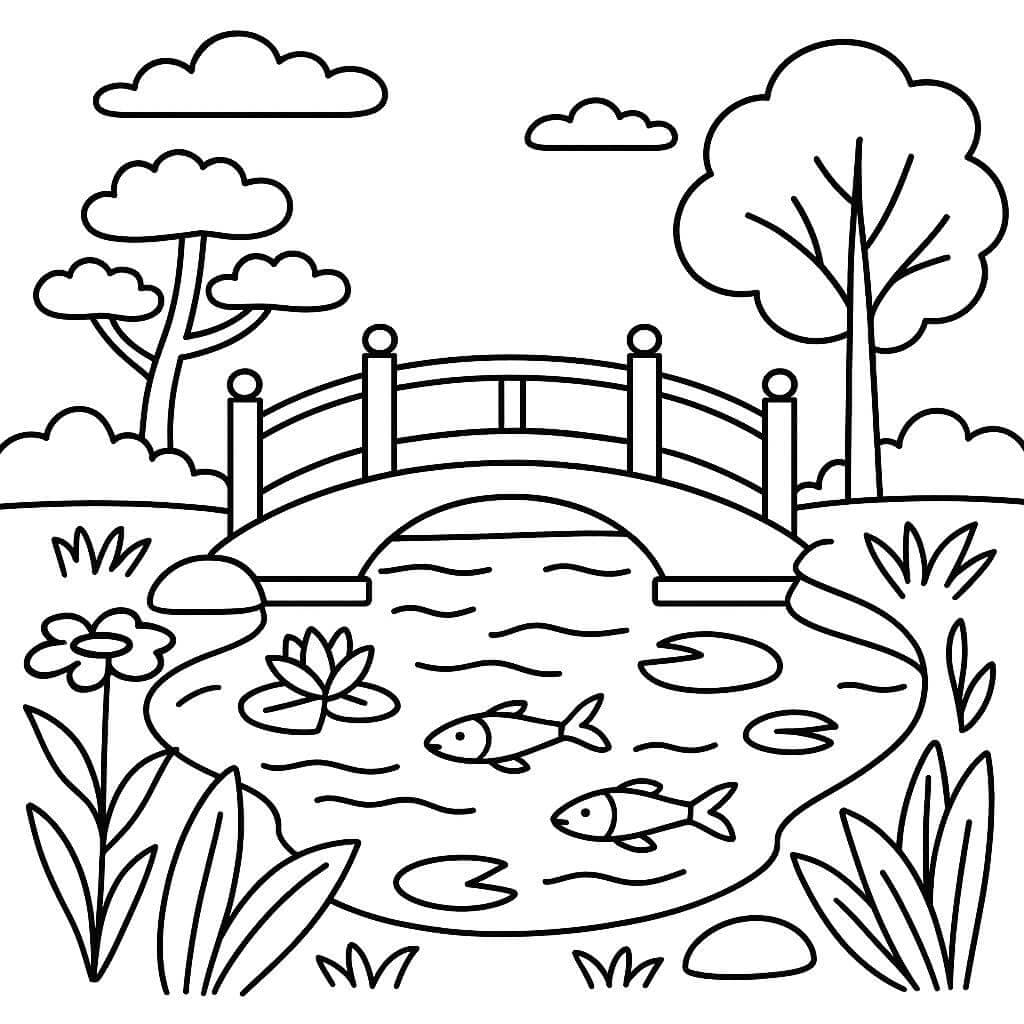 Giardino con ponte e pesci da colorare