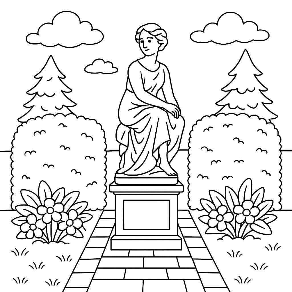 Giardino con statua e siepi da colorare
