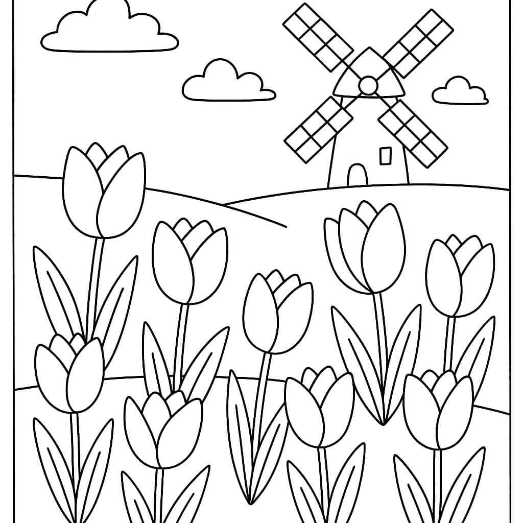 Giardino con tulipani e mulino da colorare