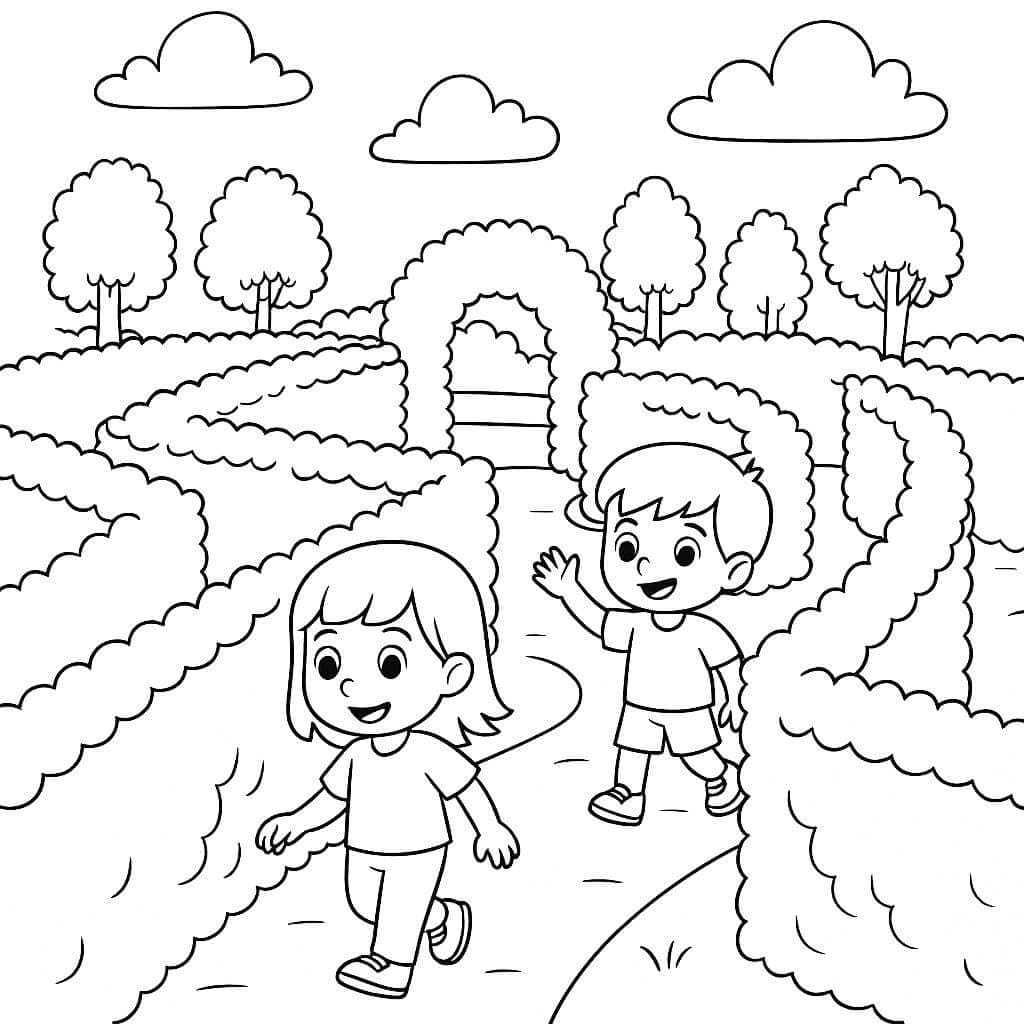 Labirinto del giardino con bambini da colorare