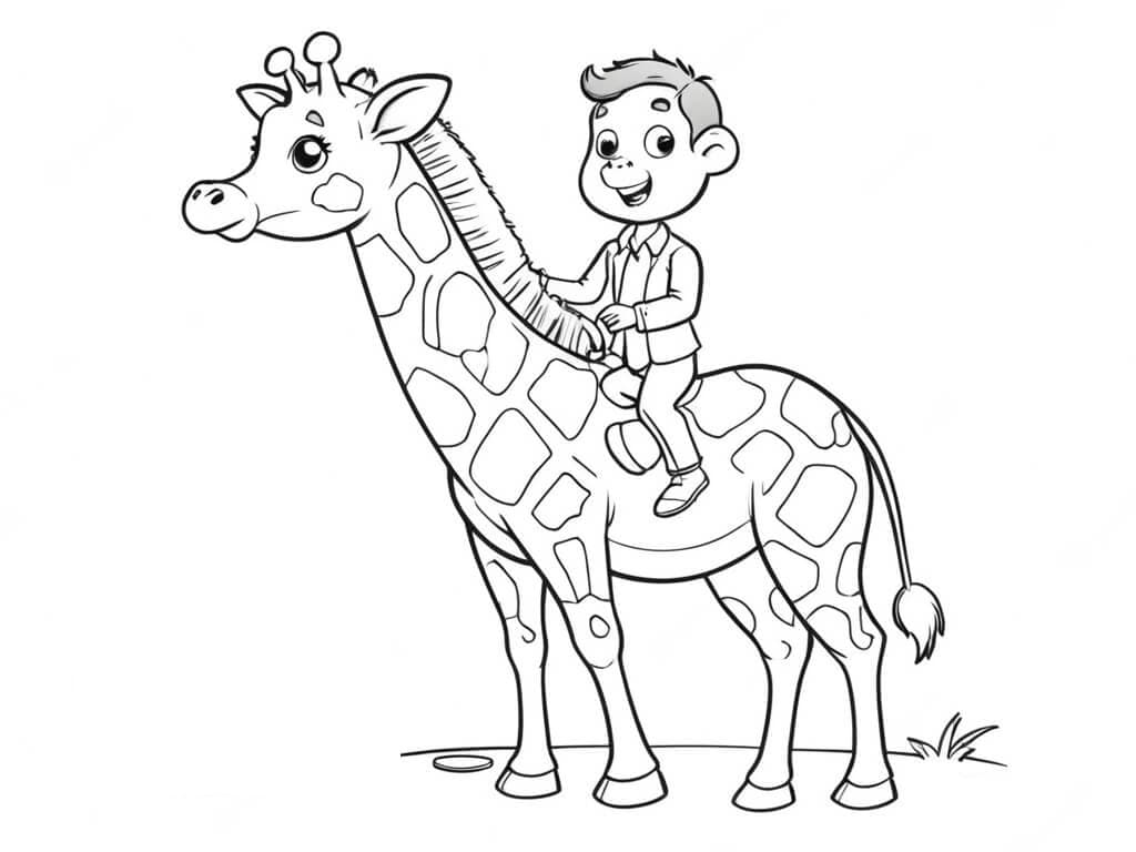 Bambino cavalca piccola giraffa da colorare