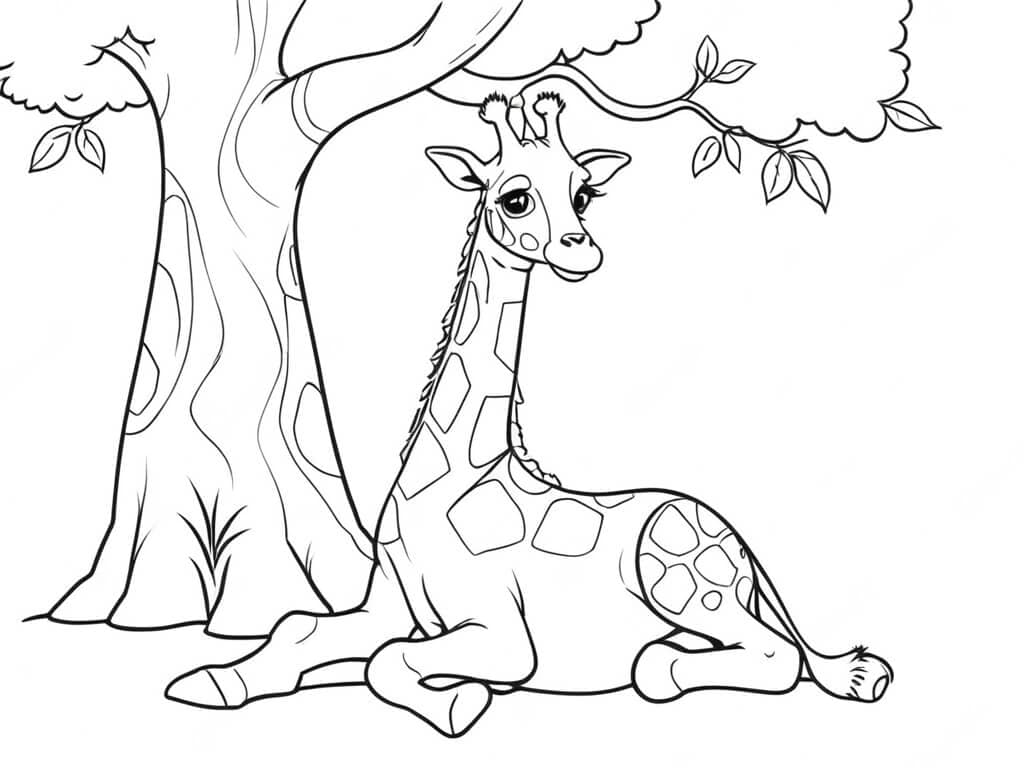 Giraffa riposa sotto un albero da colorare