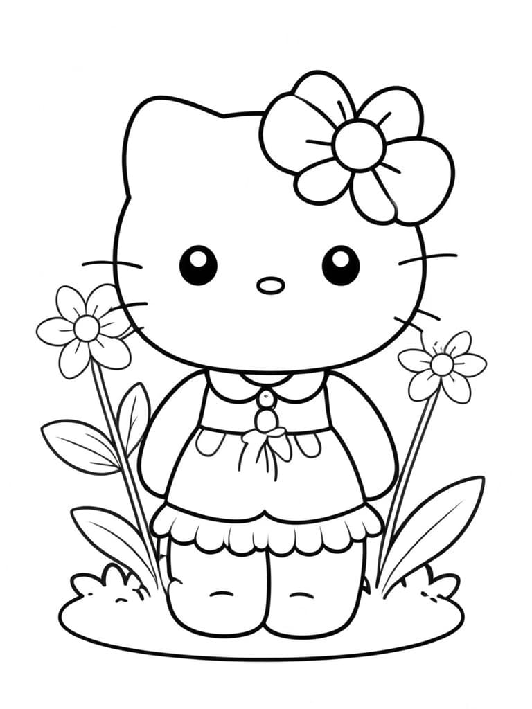 Hello Kitty accanto ai fiori da colorare