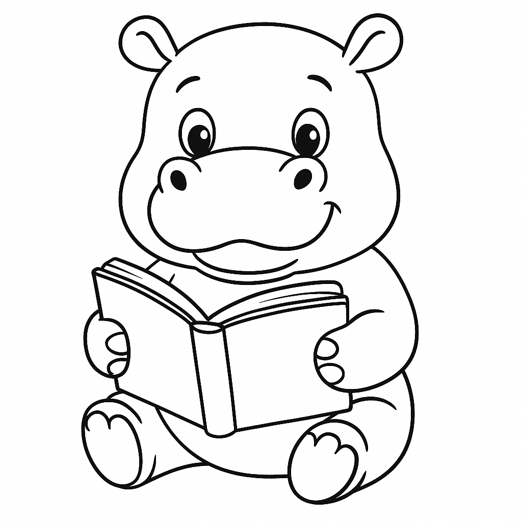 Ippopotamo che legge un libro da colorare