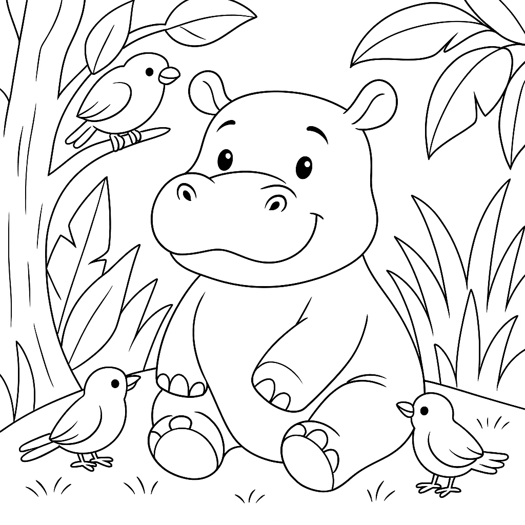 Ippopotamo con uccelli da colorare