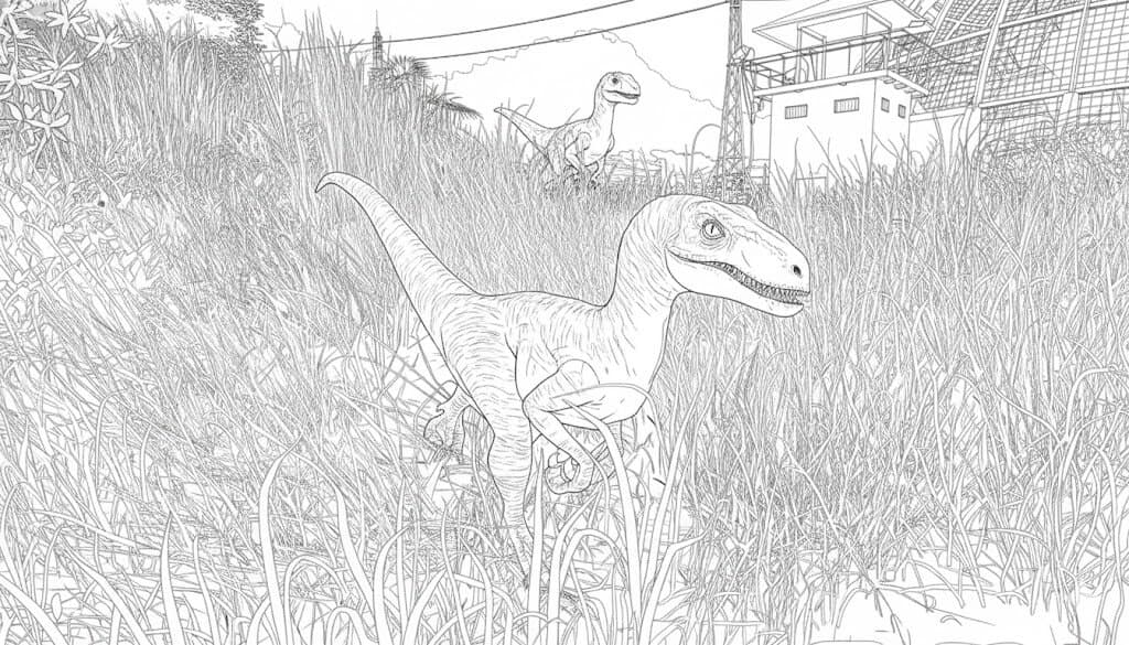 Dinosauri nel prato di Jurassic Park da colorare