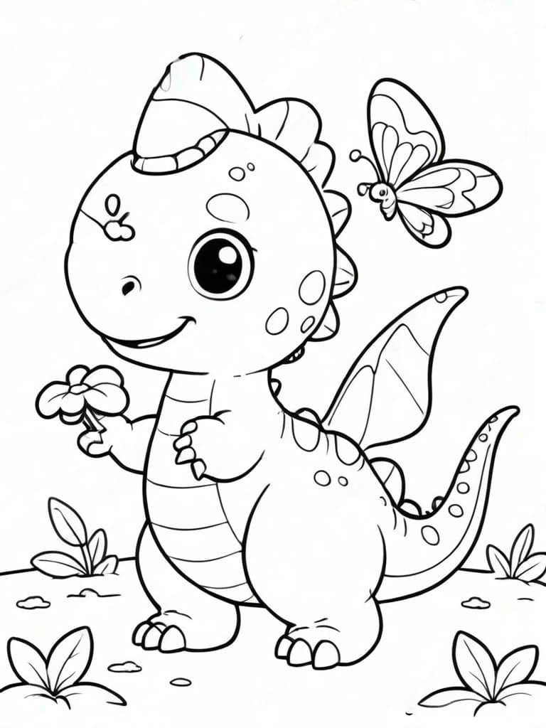 Dinosauro con fiore da colorare