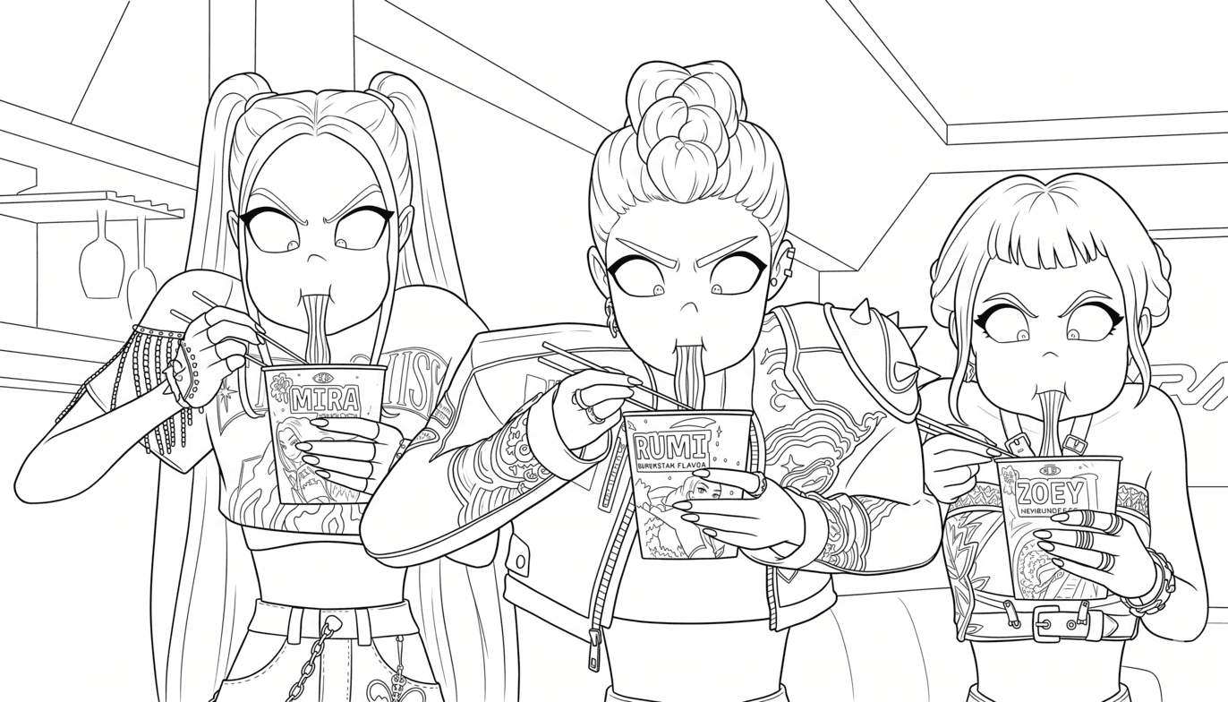 KPop Demon Hunters che mangiano da colorare
