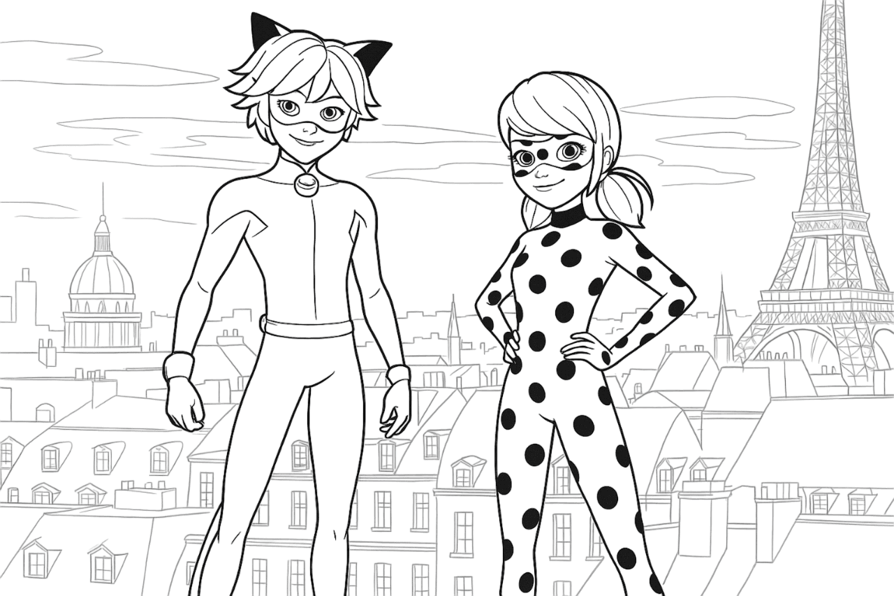 Ladybug e Cat Noir a Parigi da colorare