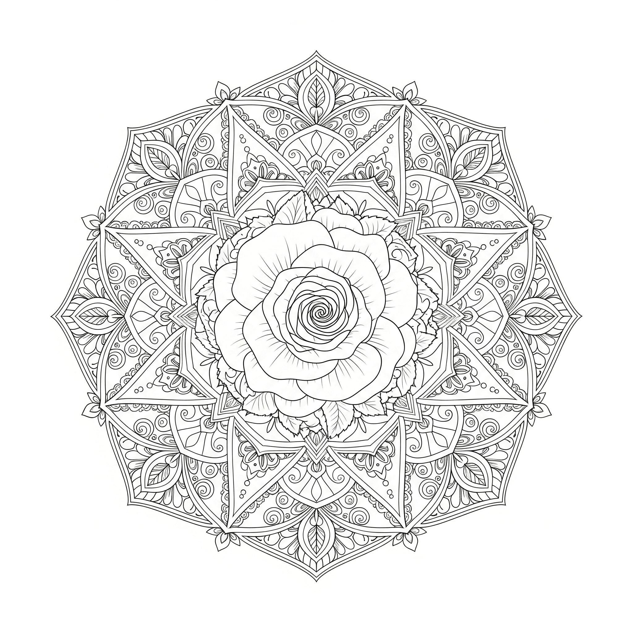 Mandala con centro di rosa da colorare