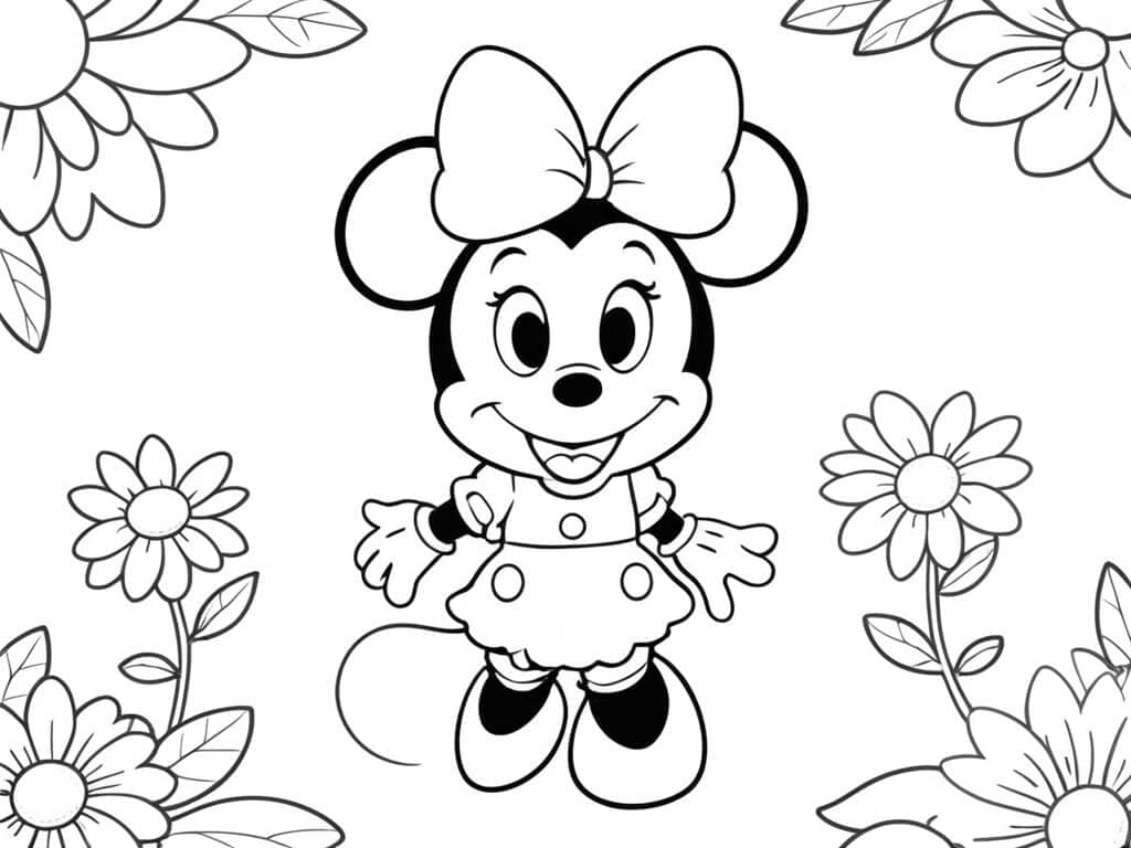 Minnie Mouse nel campo di fiori da colorare