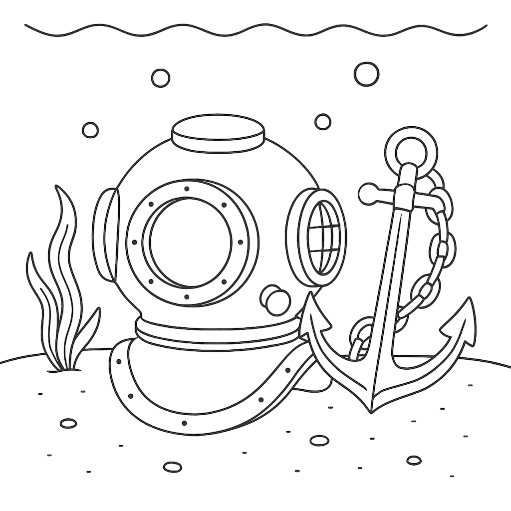 Ancora e casco da palombaro sul fondale marino da colorare