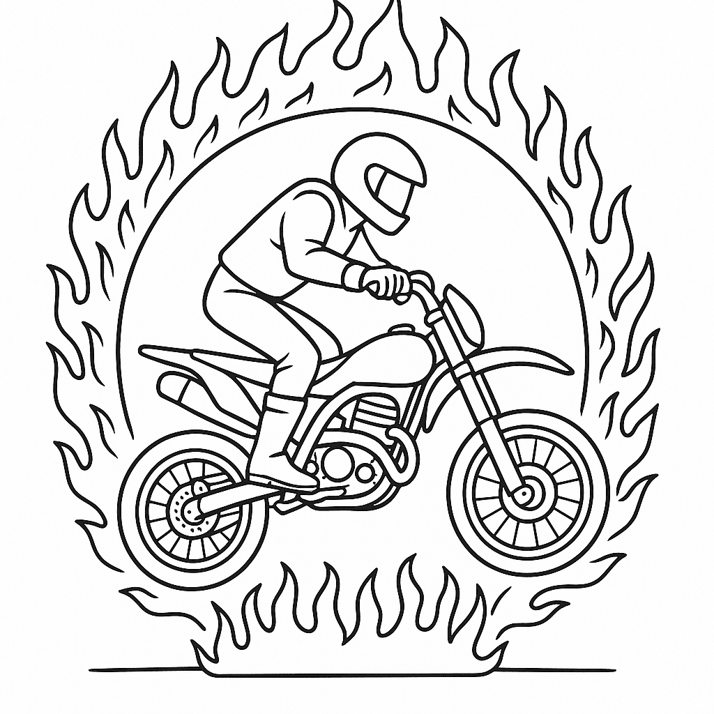 Motociclista con arco di fuoco da colorare