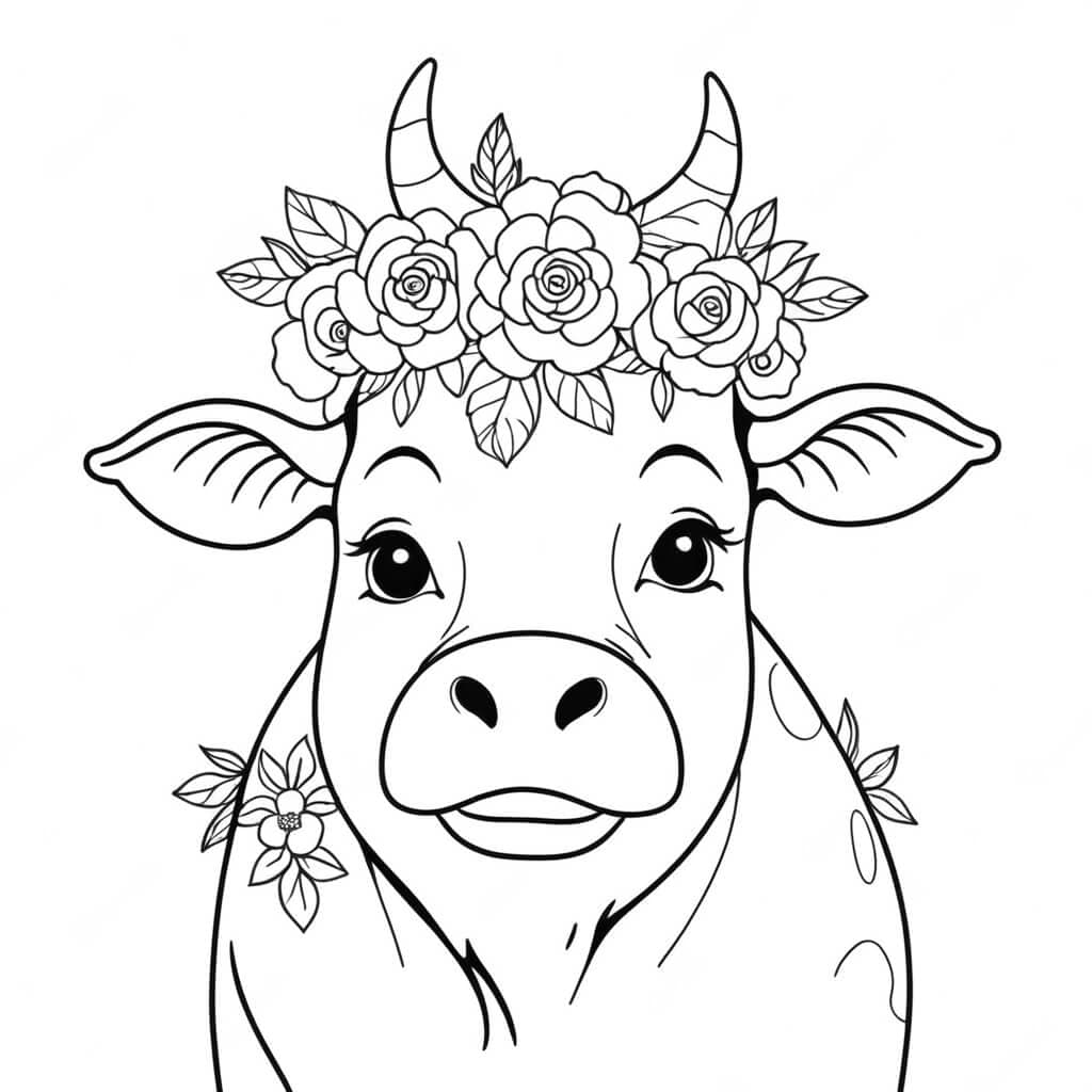 Mucca con fiori da colorare