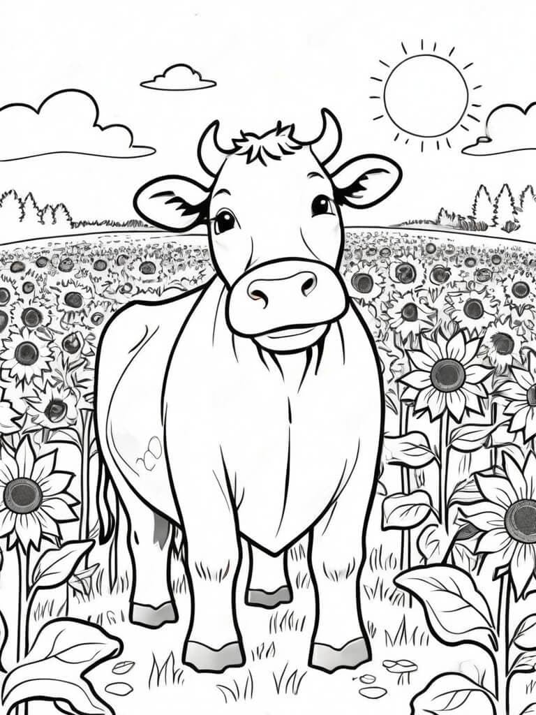 Mucca con girasoli da colorare