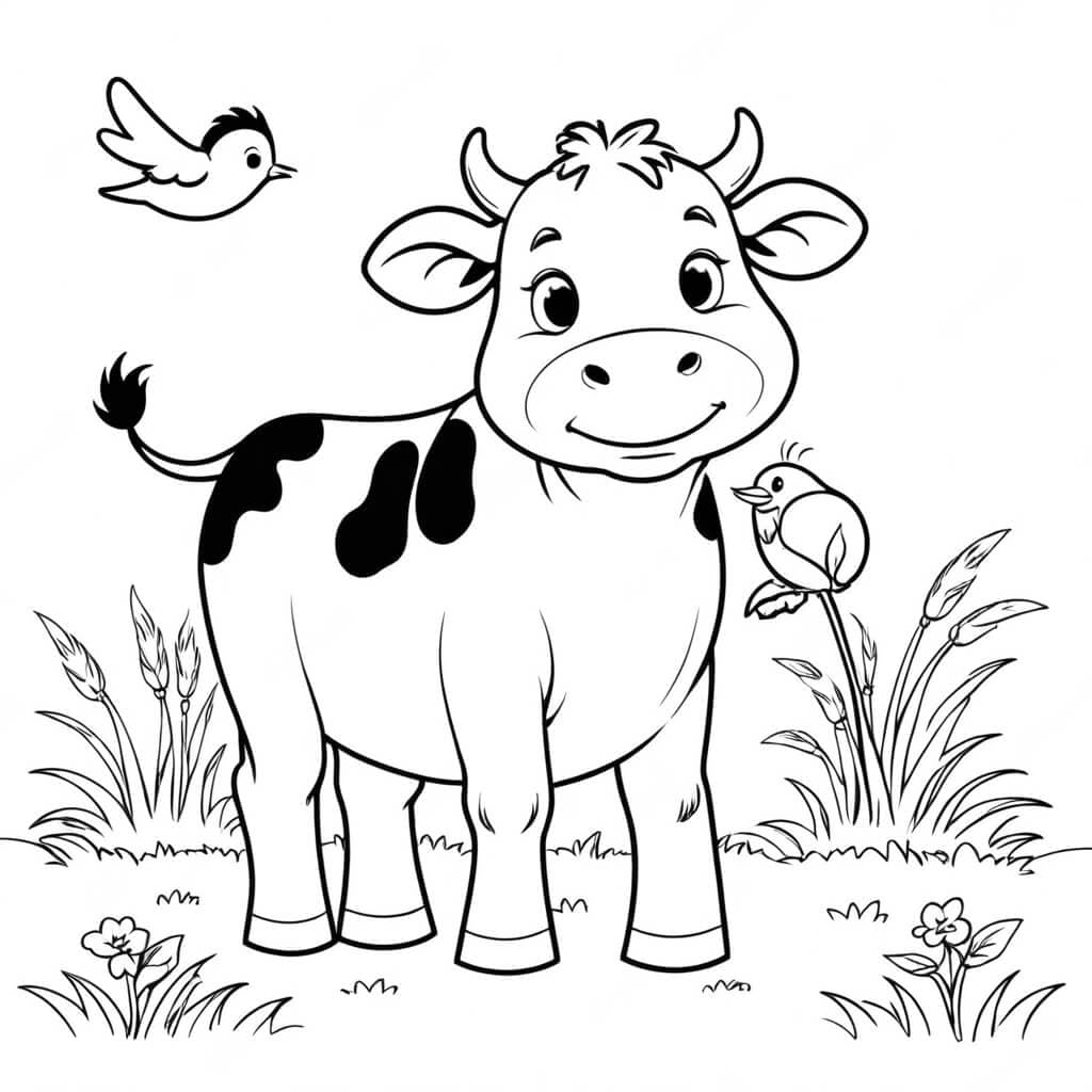 Mucca con uccellini da colorare
