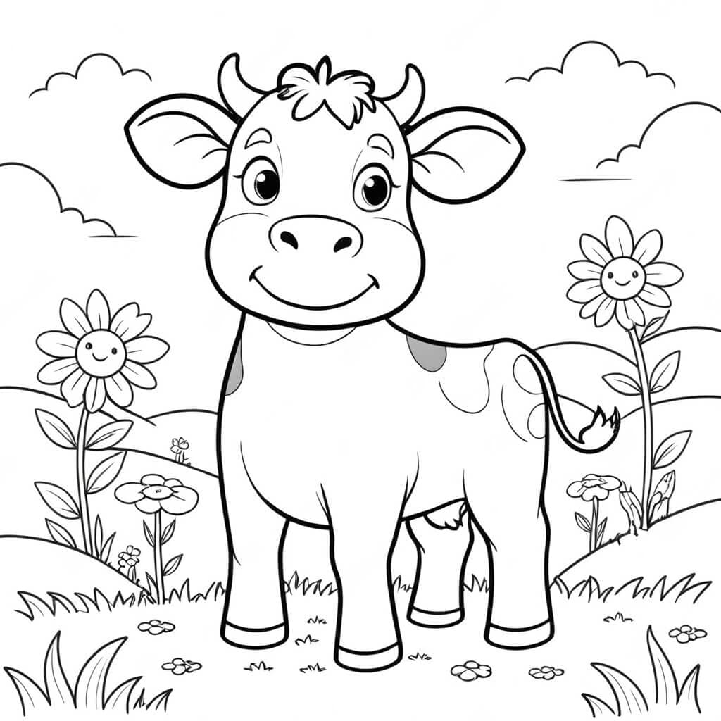 Mucca in giardino da colorare