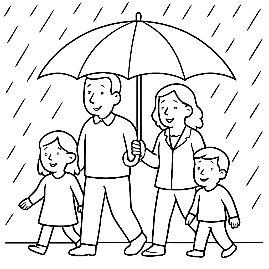 Famiglia con ombrelli sotto la pioggia da colorare