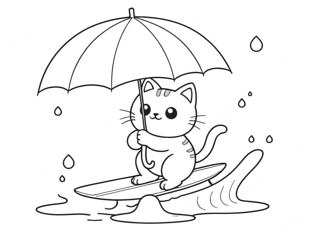 Gattini surfisti con ombrello da colorare