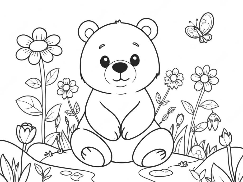 Bear in the Flower Garden Coloring Page