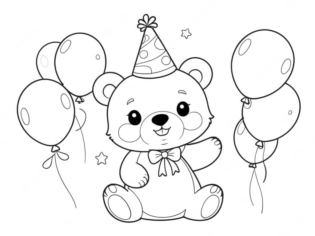Orso con Cappello di Compleanno da Colorare