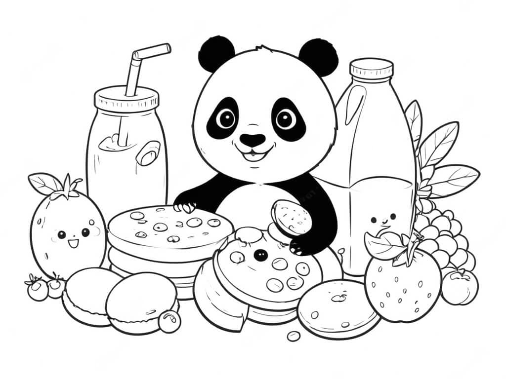 Panda circondato da cibo da colorare