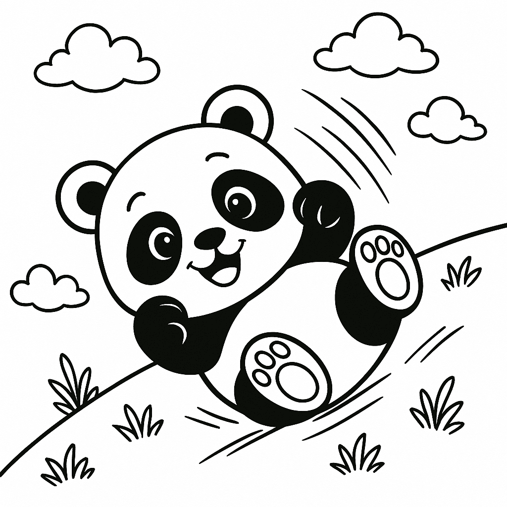 Panda che rotola sull'erba da colorare