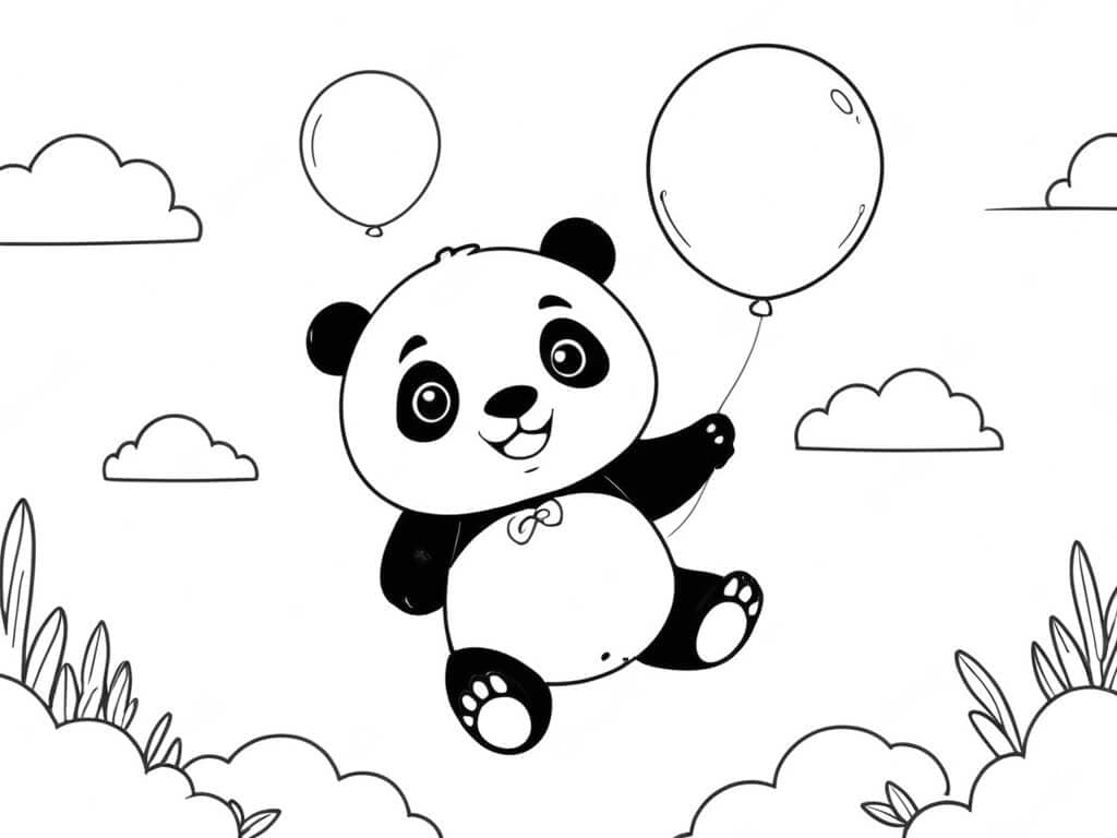 Panda che vola con palloncini da colorare