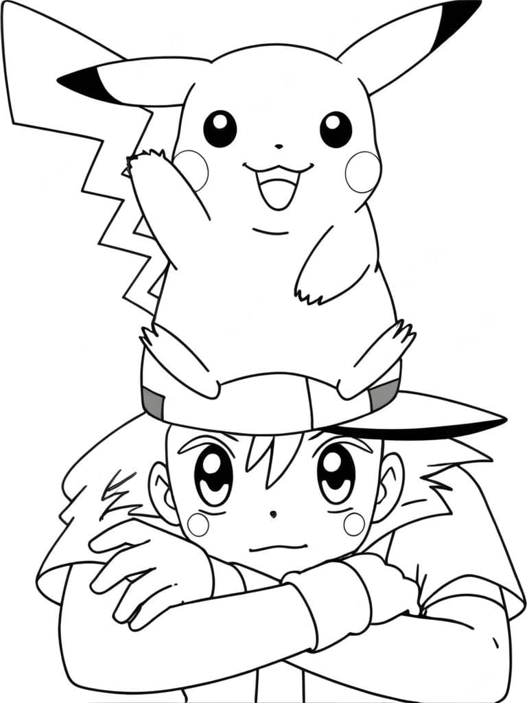 Pikachu sulla testa di Ash da colorare
