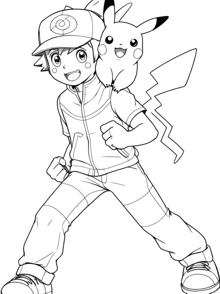 Pikachu sulle spalle di Ash da colorare