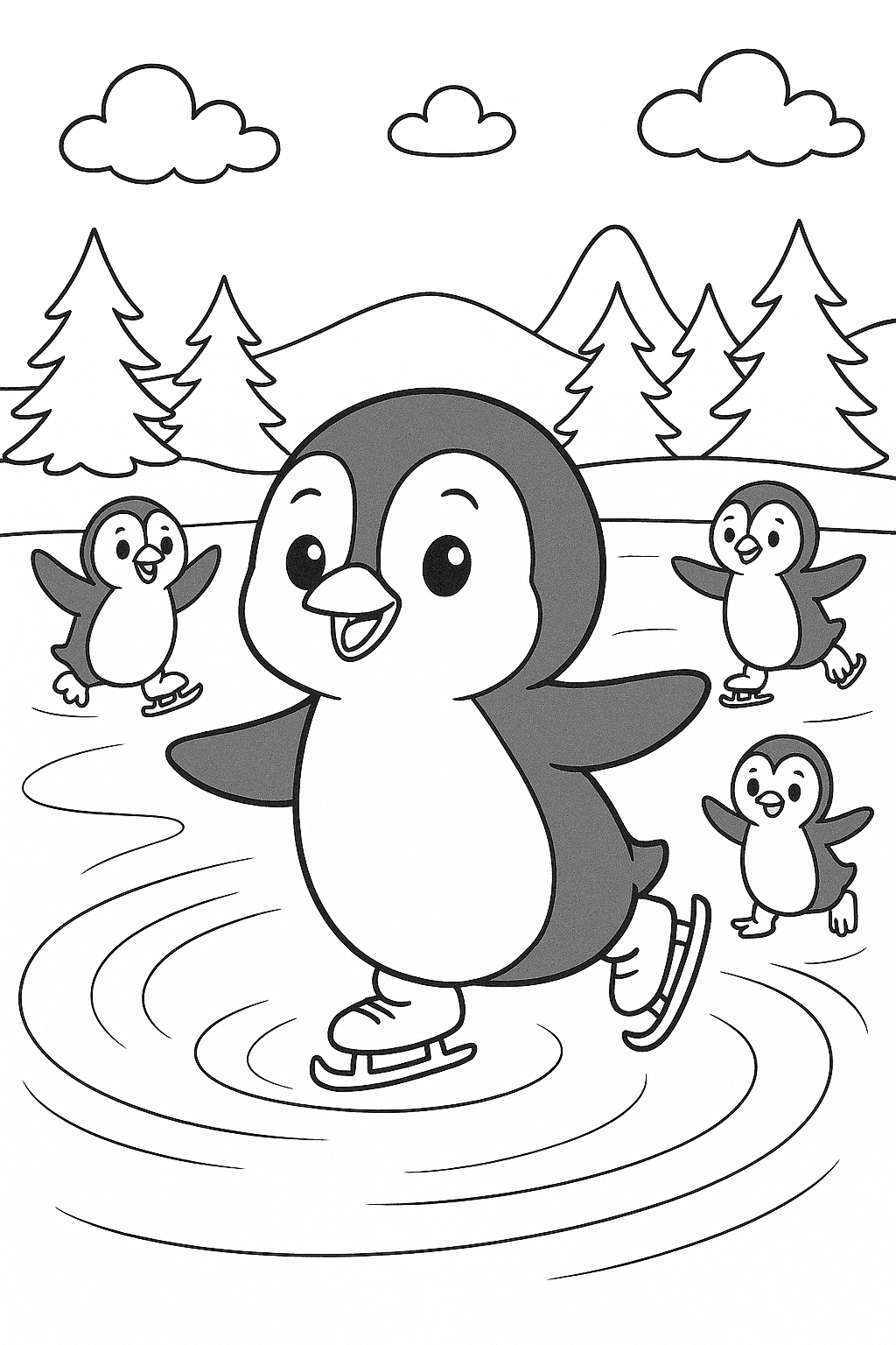 Pinguini che pattinano sul ghiaccio da colorare