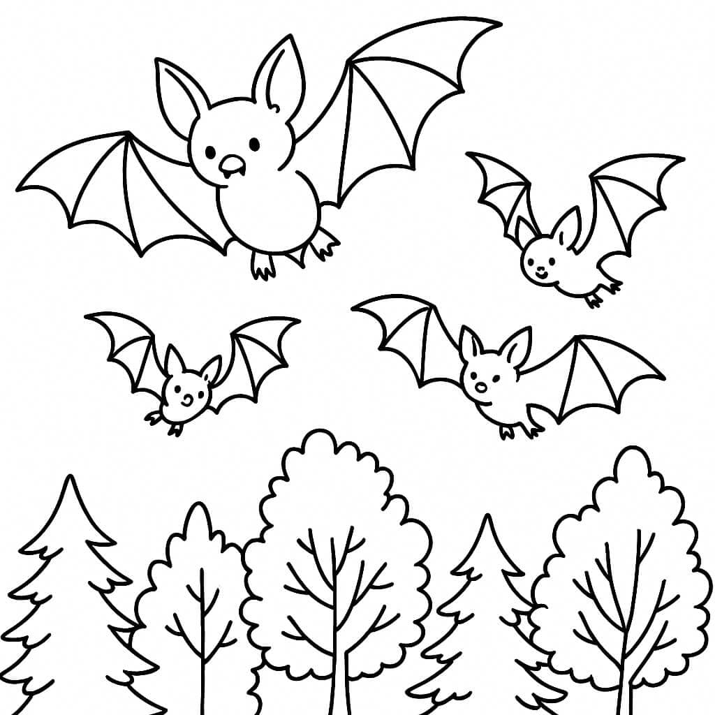 Pipistrelli che volano sopra gli alberi da colorare