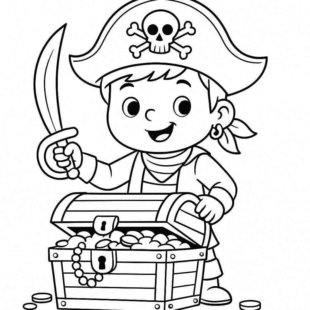 Bambino pirata con scrigno da colorare