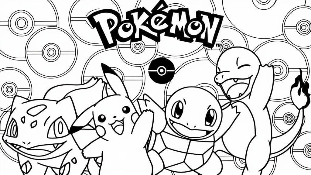 Bulbasaur, Charmander, Pikachu e Squirtle da colorare
