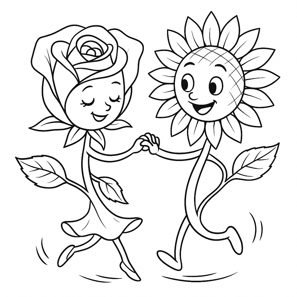 Rosa e girasole danzanti da colorare