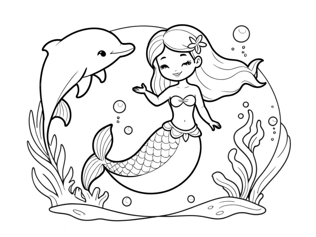 Sirena con delfino versione 2 da colorare