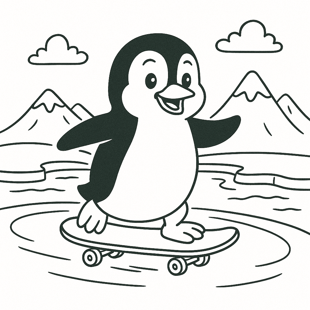 Pinguino sullo skateboard sul ghiaccio da colorare
