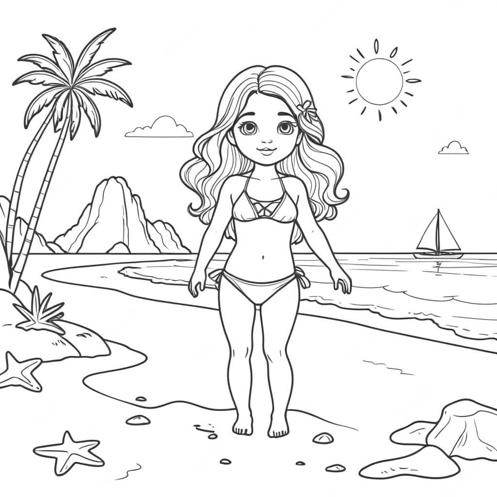 Bambina in spiaggia da colorare
